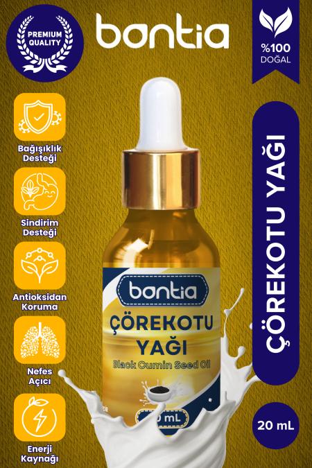 20 ml Bontia çörek otu yağı, soğuk sıkım ile elde edilmiş bağışıklık ve sindirim sistemine destek.