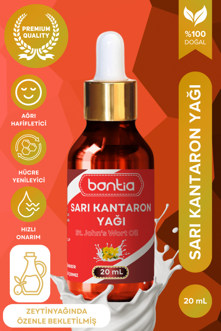 20 ml Bontia sarı kantaron yağı, cilt onarımı ve tahriş olmuş cilt için destekleyici.