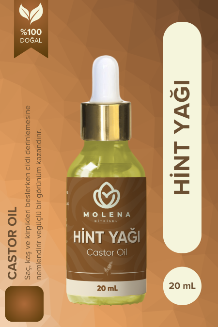 Molena Bitkisel Hint yağı, soğuk sıkım ile elde edilmiştir. Saç, kirpik, kaş ve cilt bakımı için idealdir. 20 ml şeffaf cam şişededir.