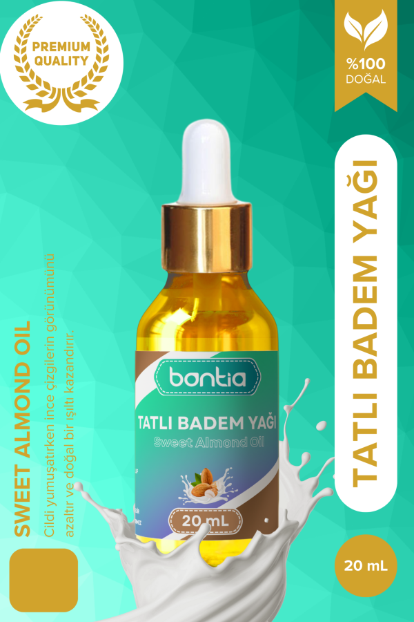 20 ml Bontia tatlı badem yağı, nemlendirici ve cilt yumuşatıcı, saç destekleyici