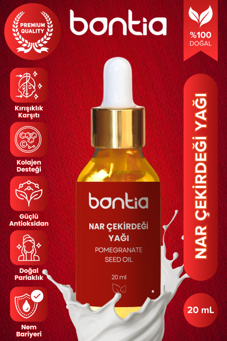 20 ml %100 saf soğuk sıkım Bontia nar çekirdeği yağı, cilt yenileyici ve kırışıklık görünümü azaltıcı.