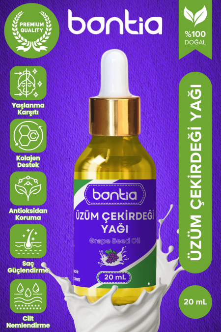 20 ml %100 saf Bontia üzüm çekirdeği yağı, cilde nem ve parlaklık sağlar. Premium şeffaf cam şişededir.