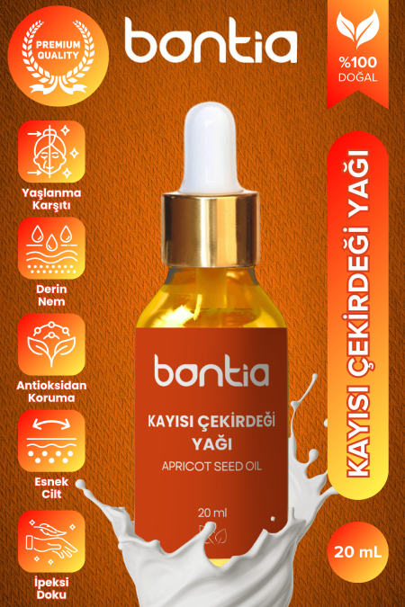 20 ml Bontia kayısı çekirdeği yağı, cilt bakımı için doğal nemlendirici ve yenileyici etki sunar