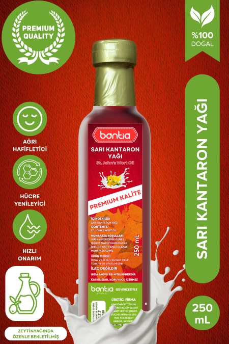 "Bontia Sarı Kantaron Yağı (250 ml) şişesinin stüdyo çekimi. Etikette ‘Doğal Zeytinyağı Maserasyonlu’ ifadesi yer alıyor ve ürünün cilt, saç, eklem ve kas bakımına yönelik olduğu vurgulanıyor."