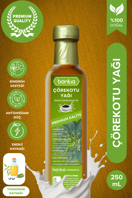 "Bontia Çörekotu Yağı'nın (250 ml) %100 Saf Soğuk Sıkım olduğunu belirten etiketli koyu renkli cam şişesi. Ürünün doğal bağışıklık ve cilt desteği için olduğunu gösterir."