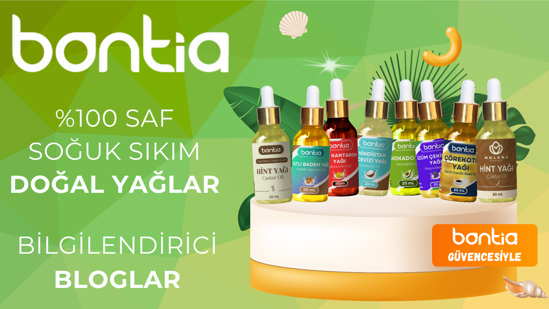 Doğal yağ şişeleriyle Bontia’nın saf bitkisel ürünleri ve blog yazıları